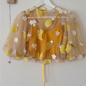 Topshop sheer mesh Embroidered sequin banana pineapple Crop Top
